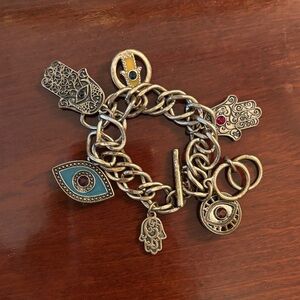 Sterling Silver Hamsa Evil Eye Charm Bracelet with Turquoise and Red Accents